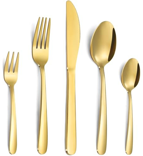 Bestdin couverts de table 12 personnes, 60 pièces couvert doré, couverts avec couteau, fourchette, cuillère, couvert en acier inoxydable de haute qualité, lavable au lave-vaisselle