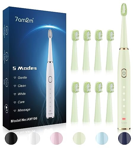 7am2m Sonic Electric Toothbrush for Adults and Kids- High Power Rechargeable Toothbrushes with 8 Brush Heads,5 Adjustable Modes, Built-in 2-Minute Smart Timer,4 Hours Fast Charge for 75 Days Green