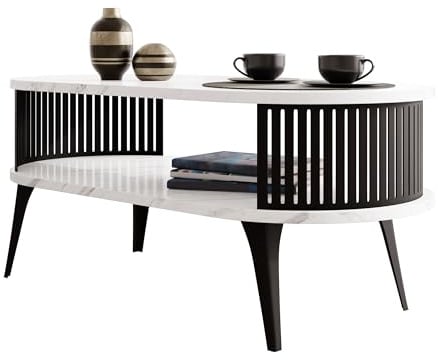Mirjan24 Couchtisch Rajkon, ovale Form (Bianco Marmor, Schwarz) | Moderner Wohnzimmertisch mit praktischer Ablage, pulverbeschichtetem Stahlgestell und pflegeleichter Oberfläche