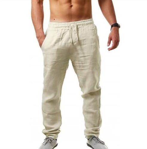 Litthing Pantalon en Lin Homme Pantalons en Coton Yoga Été Décontracté Plage Taille Elastique Léger Pants avec Poches à Cordon de Serrage