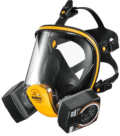 DEWALT Reusable Large Full Face Mask Respirator with A2P3 Filters: Protection Against Organic Gases, Vapours, Fine Dust, Lead, Silica, MDF Particles, and EN166 Certification for Debris Protection