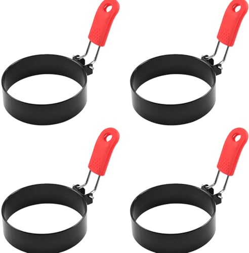 YUNYU 4 Pack 3.9 Inch Stainless Steel Egg Rings - Non-Stick Egg Mould for Frying Pan, Perfect Round Eggs/Pancakes/Omelettes with Silicone Folding Handles