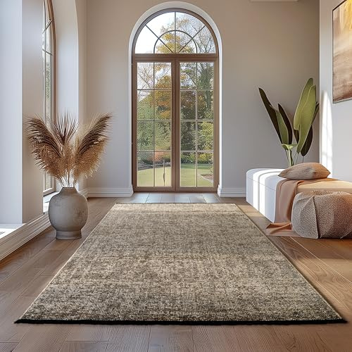 Teppium Baumwolle Chenille Teppich Beige 200x290 cm Waschbar, Boho-Stil, Vintage Kelim, Kurzflor, rutschfest & Weich, Einfarbig Meliert, Für Wohnzimmer, Schlafzimmer, Büro & Küche