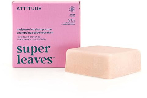ATTITUDE Moisture Rich Shampoo Bar, Natural Origin, for Ultra Dry and Damaged Hair, Castor Oil & Pink Clay, EWG Verified & Clean ingredients, Vegan, Coconut & Wild Berries Scent, 4 Oz