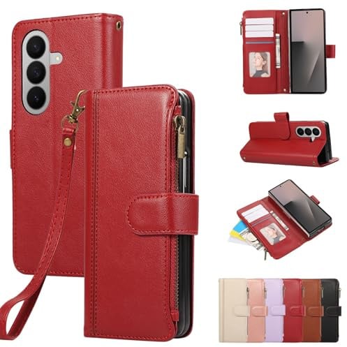 Rosbtib Case for Samsung Galaxy Z Fold7 5G 8 Inch 2025 Leather Case Zip Magnetic Closure Wallet Case with 4 Card Slots Stand Function Retro Cover Galaxy Z Fold 7, Red