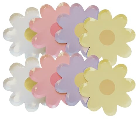 The Little Stuff Paper Daisy Plates and Leaf Napkins, White Pink Blue Yellow, 17.8 cm, Party Tableware Set, 8-Pack