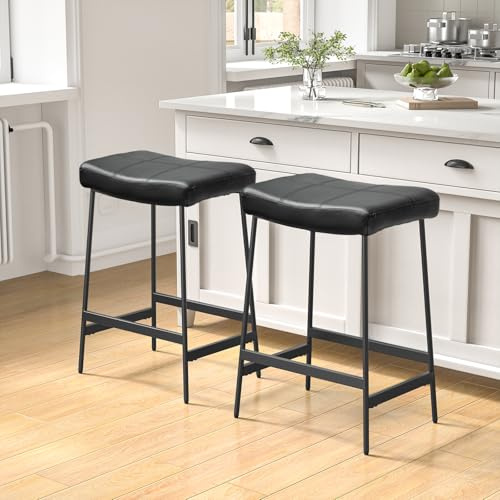 Skokliz Barhocker 2er Set schwarz, Barstühle, Küchenstühle gepolsterter Sattelsitz mit dickem Kissen und Fußstütze, Moderne Küchenhocker für Küche, Wohnzimmer, Esszimmer