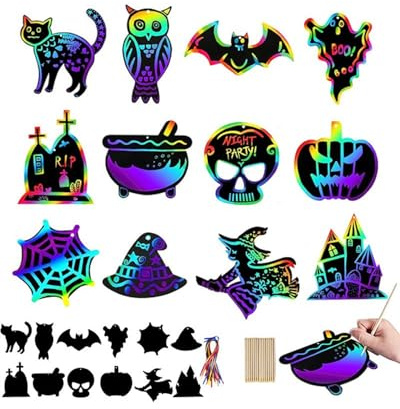 CULEB 12 Blätter Halloween Kratzbilder,Kratzmalerei Scratch Art Kits,Magische Regenbogen-Rubbelkarten mit Holzstift und Farbigen Band,für Kinder Allerheiligenfest Party Deko DIY Handwerk