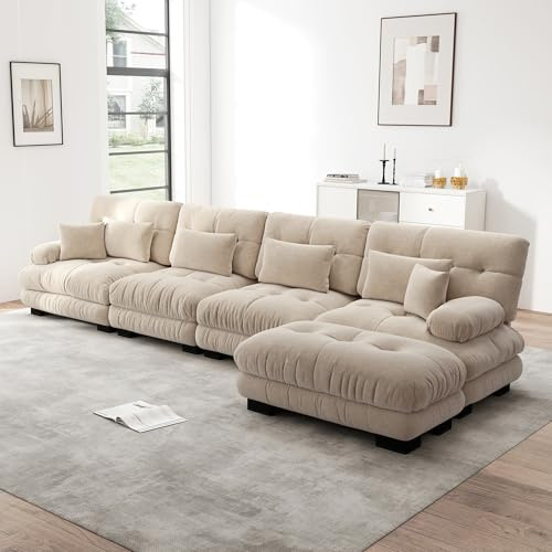 A ALFRESCOOL Sofa mit Schlaffunktion, Sofa 4 Sitzer, Boneless Couch, Modulares Ecksofa, L-förmiges Couch Set, 4-Sitzer Komfortable Cloud Couches mit Ottoman, DIY-Kombination Braun