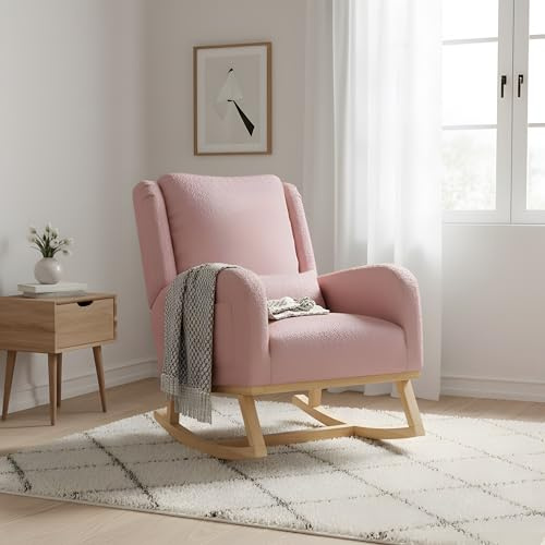 Poltrona a dondolo, in tessuto Teddy, sedia a dondolo allattamento ergonomica con schienale alto imbottito, poltrona relax con base in legno e struttura in metallo,rosa