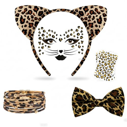 boocooberg 5 Stück Leoparden Ohren Haarreif,Leoparden Kostüm Damen,Haarbänder,Krawatten,Armband,Karneval Party Zubehör Kostüm für Karneval,Karneval Party,für Cosplay,Party,Dekoration,Dschungel