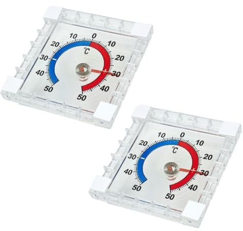 Lahkvor 2 Pezzi Termometro da Finestra Esterno, Termometro Trasparente Autoadesivo per Vetro, Resistente alle Intemperie, -50°C a +50°C (7,5 x 7,5 cm)