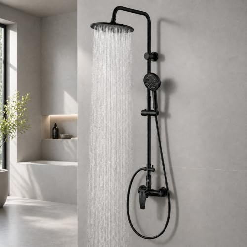 HOMELODY Système de douche avec robinet noir - Douche à effet pluie avec robinet, écran de température LED, douche à effet pluie, rond de 25 cm, pommeau de douche à 3 types de jet, kit complet de