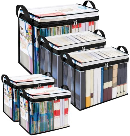 Sunhoray 5PCS Book Storage Box, Foldable Transparent Comic Book Storage | with Lids for Books for Home Office（L/M/S）