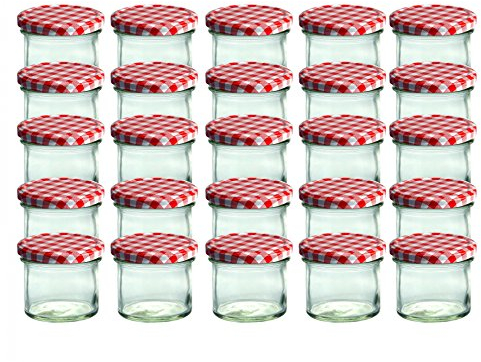 CapCro Lot de 25 bocaux en verre de 125 ml avec couvercles rouges à carreaux To 66