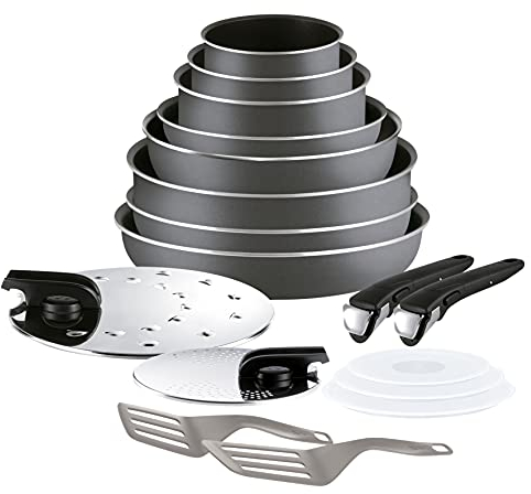 Tefal Ingenio Batterie de cuisine 17 pièces, Tous feux sauf induction, Revêtement antiadhésif, Casseroles, Poêles, Wok, Sauteuse, Couvercles, Poignées, Fabriqué en France, Essential L2049002