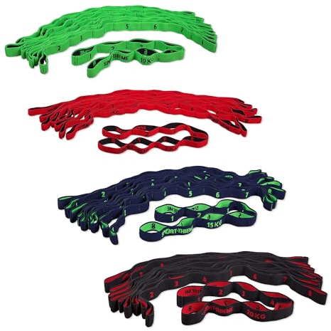 Sport-Thieme Elastisches Textilband mit Griff Set | 10x Stoff-Fitnessbänder, Gymnastikbänder, Widerstandsbänder mit Schlaufen | In Vier Zugstärken u. Farben | L: 96 cm | Latex, Polyesterfäden