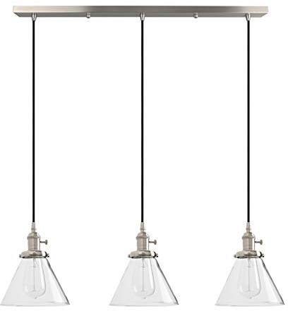 PathsOn Industrial Vintage Loft Kitchen Bar 3 Lights Fittings Ceiling Lights Chandelier Cone Clear Glass Light Shade Hanging Pendant Light Lamp Fixture for Living Room Dining Room Bedroom(Brushed)