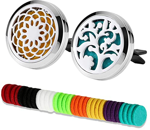 2 Stücke Auto Aromatherapie Ätherisches Öl Diffusor, Edelstahl Lufterfrischer Vent Clip Medaillon für Auto + 32 stücke Refill Pads