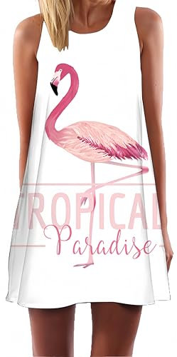 Ocean Plus Femme Multicolore Paréo Trapèze sans Manche Robe de Plage Haut Décontracté Flamant Loisir Feuilles Mini Robe (L (EU 38-40), Flamant Rose Tropical)