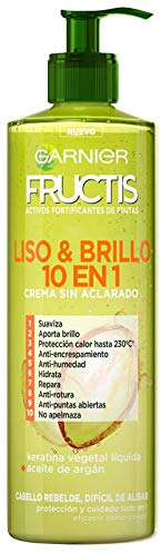 Fructis Liso y Brillo 10 en 1 Crema Sin Aclarado para Pelo Liso, Rebelde, Difícil de Alisar, 400 ml (Paquete de 1)