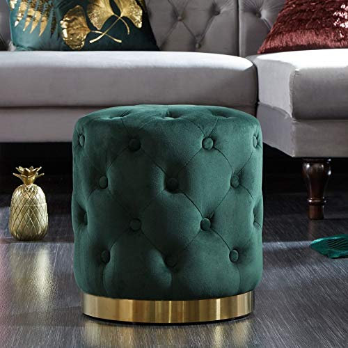 cagü Sitzhocker POMPIDOU Grün Samtstoff gesteppt Gold Metallsockel in Barock-Design Rund 36cm x 40cm