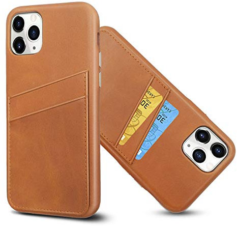 LUCKYCOIN Genuine Leather Case with Card Holder for iPhone 11 Pro Max 6.5in,Wallet Case with Metal Buttons,Tan 