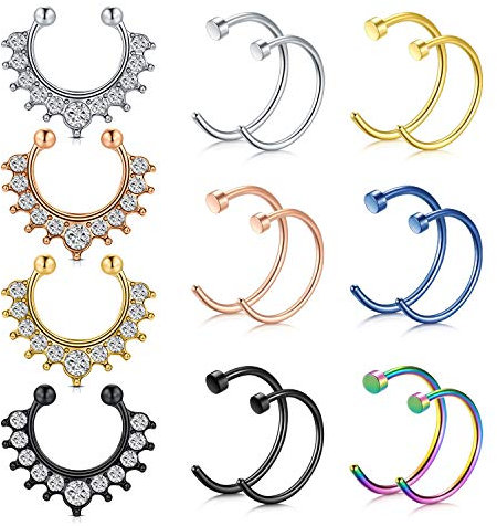 AVYRING 16G 20G Acier Chirurgenstahl Faux Piercing Septum Nez Hoop Fer à cheval Piercing Oreille Helix Cartilage Interne 8mm 10mm 16 Pièces