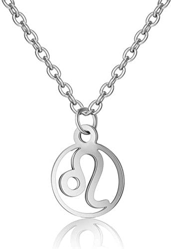 Silver Star Sign Circle Pendant Chain Necklace - Leo (23rd July - 22nd August) - Zodiac Constellation Horoscope Celestial Astrology Jewellery - Women Men Gift