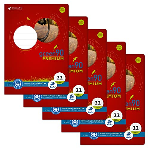 Staufen Green Heft - DIN A4, Lineatur 22 (5mm kariert), 32 Blatt, premiumweißes 90g/m² Recyclingpapier, runde Ecken verhindern „Eselsohren“, 4 verschiedene Motive (keine Auswahl möglich), 5 Stück