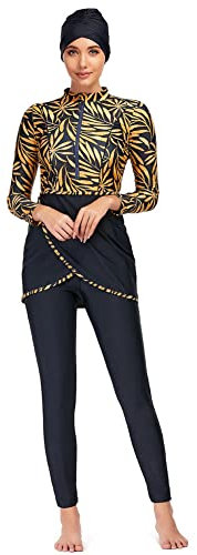 Damen Muslimische Ganzkörper Badeanzug Bescheidene Bademode Islamisch Arabisch Schwimmkostüm Reißverschluss Langarm Top Hose Hijab Burkini Set Modest Full Cover Muslim Badebekleidung Gelb Blätter XL