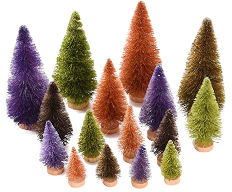 16-teiliges Schreibtisch-Miniatur-Kiefernbaum, künstliche Mini-Weihnachts-Sisal-Schnee-Frostbäume mit Holzsockel, Flaschenbürsten-Bäume, Weihnachtsbaum-Set für Tisch, Büro, Heimdekoration