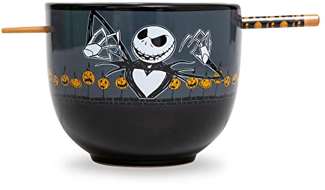Disney The Nightmare Before Christmas Scary Jack Ceramic Dinnerware Set | Includes 20-Ounce Ramen Noodle Bowl and Wooden Chopsticks