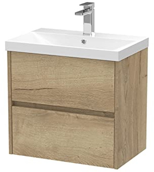 Hudson Reed HAV804D Havana Modern Bathroom Wall Hung 2 Drawer Vanity Basin Unit & Thin-Edge Ceramic Basin, 600mm, Woodgrain Autumn Oak