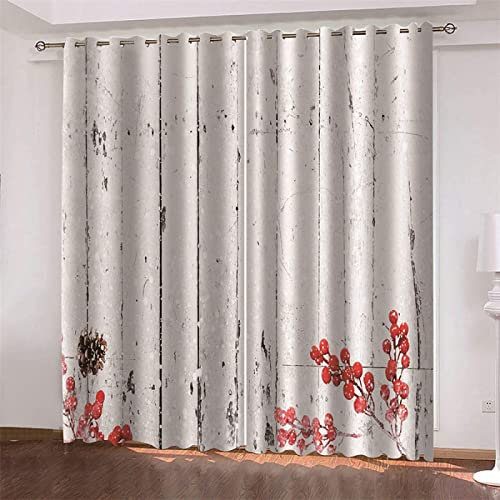 JOMAKE Gardinen Wohnzimmer Rote Beeren, 3D Vorhänge Modern Verdunkelungsvorhänge 2er Set, Weißer Hintergrund Vorhang Blickdicht mit Ösen Gardine Schlafzimmer Deko 2 x 117 x 137 cm（B X H）