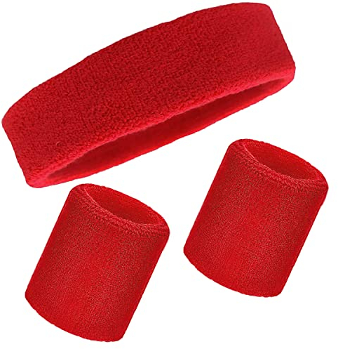 Schweißbänder Handgelenk Schweißbänder Stirnband Set Sport Wristbands Headbands 3 Stück,Sport Schweißband Armband Stirnbänder für Fußball Basketball Tennis Gymnastik (Rot)