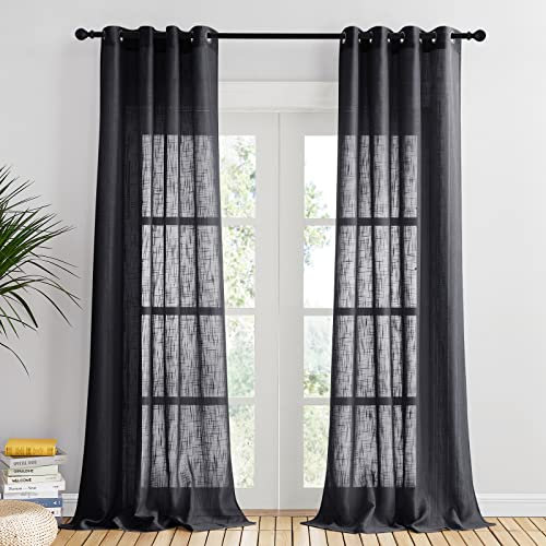 PONY DANCE Black Voile Curtains 95 Drop - Extra Long Semi Transparent Window Net Curtains Sunlight Filtering Privacy Protected Sheer Panels for Bedroom/Living Room/Nursery, Set of 2, 52 x 95 Inches