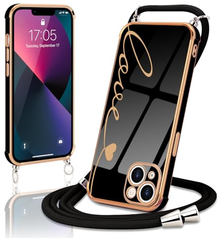 Micoden Handykette für iPhone 13 Necklace Hülle mit Band,Handyhülle für Kordel zum Umhängen,Kameraschutz Herz Love Design Galvanik Silikon Case Bumper Stoßfeste Schutzhülle,Liebe Schwarz