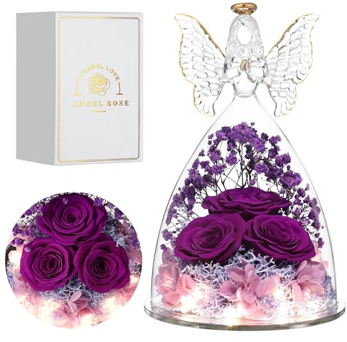 Faneeyo Engel Geschenke für Frauen, DREI Konservierte Blume Rosen in Glas Engel Geburtstagsgeschenk für Sie, Engel Rose Figuren Geschenk für Valentinstag Muttertag Weihnachten.Lila