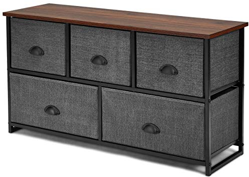 COSTWAY Chest of Drawers, Fabric 5-Drawer Dresser Cabinet with Wooden Top, Metal Frame Drawers Storage Organizer Unit for Bedroom, Living Room, Closet and Hallway (Black+Dark Grey)