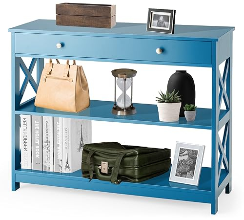 GIANTEX Konsolentisch schmal, Flurtisch mit Schublade & 2 Ablagen, Beistelltisch Eingangstisch schmaler Dielentisch, moderner Dekotisch Sideboard mit Kippschutz, 100x30x80 cm (Blau)