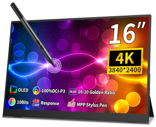 Magedok Monitor portatile Oled 4K16 Pollici,3840 x 2400, 100% P3, schermo portatile MPP Stylus Pen Compatibility 1MS Eye Care per laptop, Mac NUC MINI PC, VESA e supporto integrato