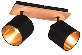lightling Deckenlampe Benny, Deckenstrahler mit Lampenschirm aus Stoff in Schwarz, Innenseite Gold, Lampe mit Korpus aus Holz und Metall, exkl. 2 x E14 (max. 28W), Höhe: 19cm, Breite: 30cm