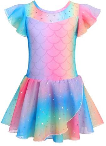 Arshiner Da Ragazza Vestito da Danza Classica Cotone Brillanti Retato Body da Danza con Gonna con Volant Manica Corta Completo da Ballerina Arcobaleno 2 2-3 Anni