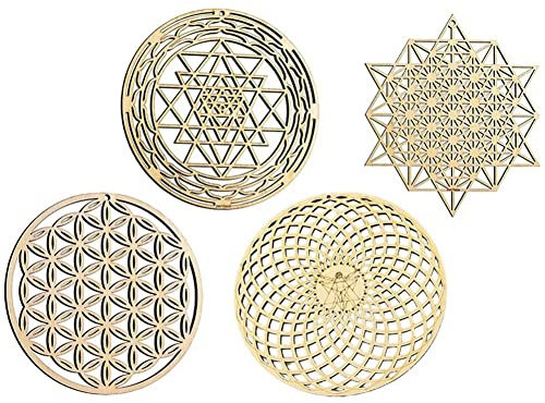 Alberte 4 Stück Geometrie Heilige Wandkunst, Blume des Lebens, Gitter aus Holz, Akzent-Deko, Kristallgitter, Holzbrett, Wandskulptur, 4 Stück