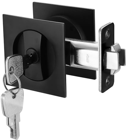 Malimali Pocket Door Lock with Key, Matte Black Pocket Door Hardware Square Door Lock for Privacy Sliding Door Bifold Door Locks and Pulls Handles
