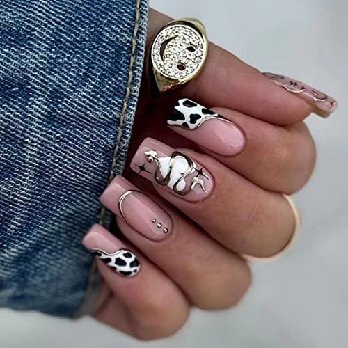 JUSTOTRY 24 Pcs Black Press on Nails Coffin Long,Leopard False Nails with Snake and Star Designs,Ballerina Stick on Nails for Women and Teens,Medium French Fake Nail for Nail Art Gifts