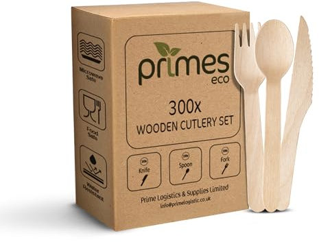 PRIMES ECO Disposable Wooden Cutlery Set 100x Spoons,100x Forks,100x Knives Eco-Friendly & Compostable Biodegradable Wooden Cutlery for Picnic, Home Office and Camping Party (Spoon Combo 300PC)