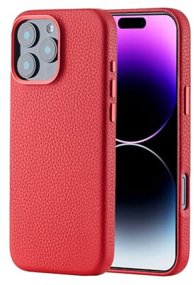 Leather Case for iPhone 16 Pro Case Compatible with MagSafe- Stylish Litchi Top Grain Cowhide Genuine Leather Phone Case with Protective Soft Lining, Metal Buttons & Camera Frame, 6.3 Inch