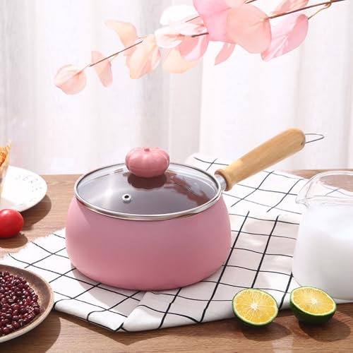 WJUHYGTF Saucepan, Non-Stick Iron Milk Pot Induction with Lid 16Cm Yellow Saucepan Small with Wooden Handle for Small Portions Milk Soup Noodles,Pink